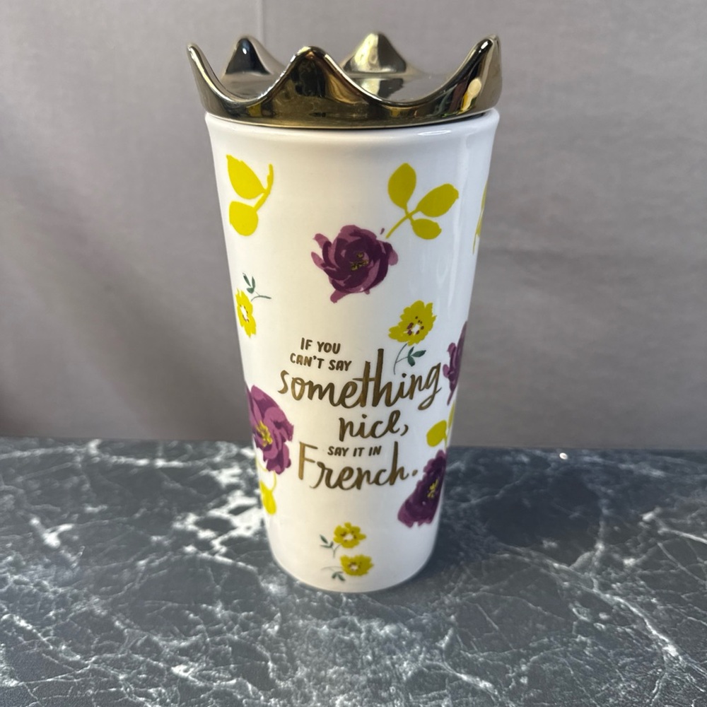 Hallmark White 20 Oz Mug with Gold Crown Lid and Purple & Yellow Floral Design
